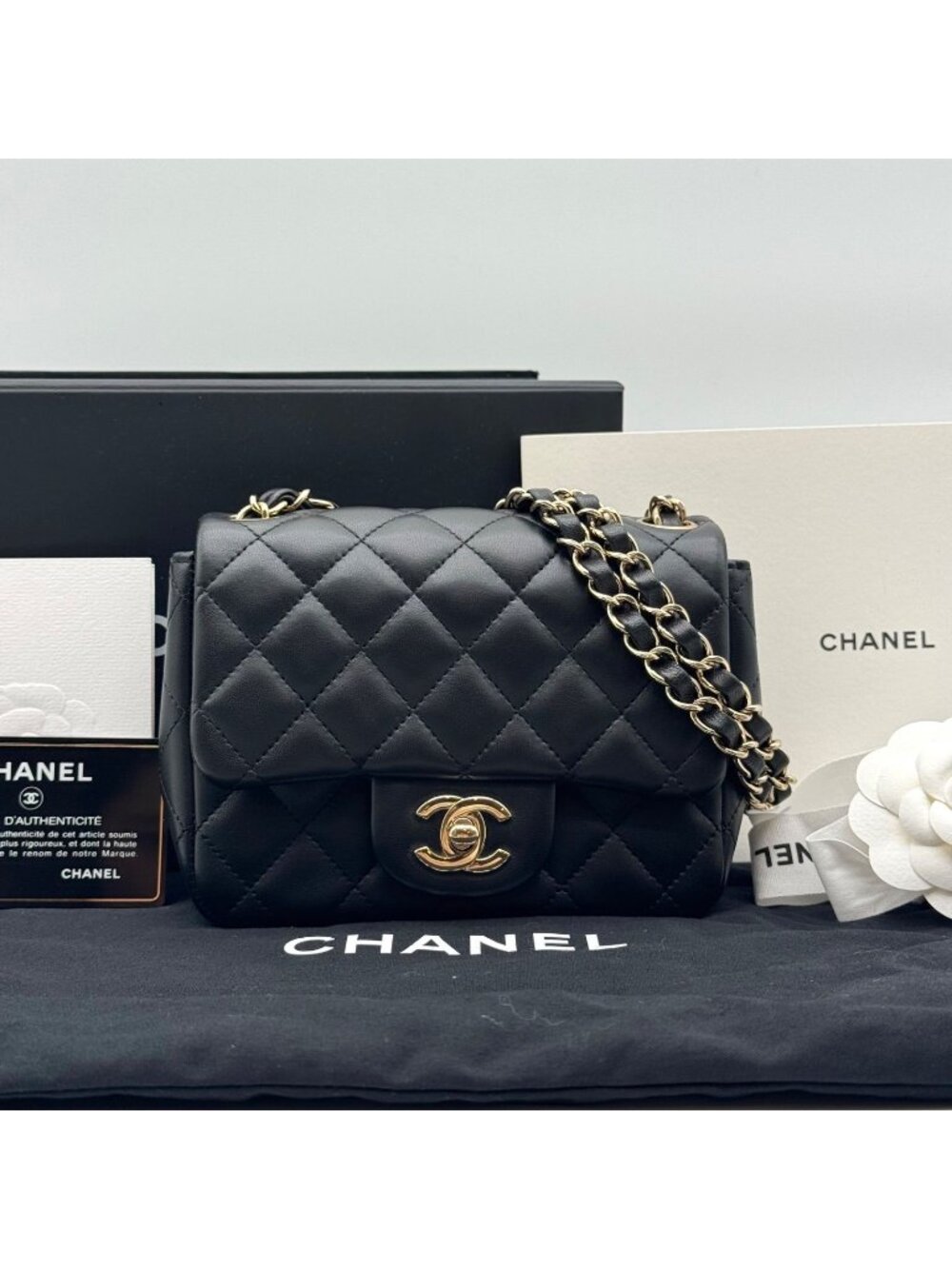 Chanel Shoulder Bag Mini Quilted Lambskin CC Logo Turnlock Leather Black